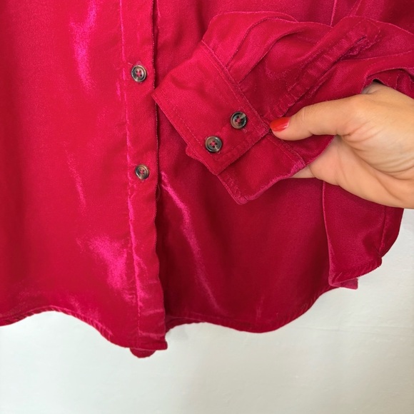 Ivy Jane Crushed Velvet Button Up Blouse Red Pink Long Sleeve Boho Shirt Medium - Picture 4 of 8